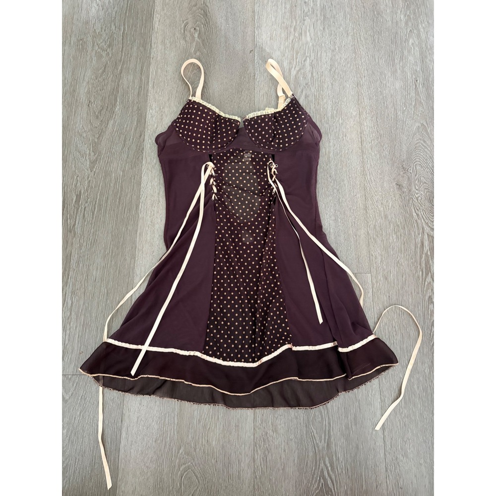 Lingerie Plum Polka Dot Mesh Babydoll Chemise Lace Up Keyhole Back 70B 32B